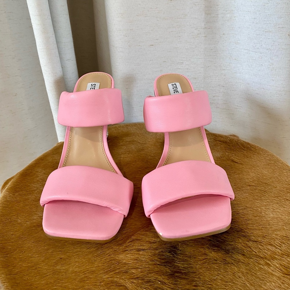 Steve Madden Isa Pink Clear Lucite Wedge Sandals Open Toe Transparent Heel 7.5 - Picture 8 of 14